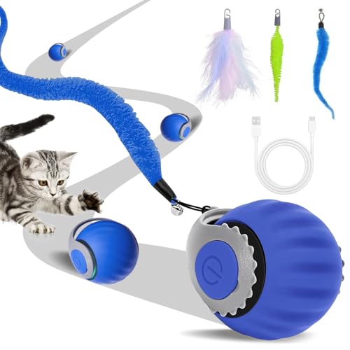 GAESHOW Elektrischer Spielzeugball für Katzen und Hunde, interaktives Spielzeug für Katzen im Innenbereich, 2 Arbeitsmodi, interaktives Katzenspielzeug mit Ersatzschwanz (blau) von GAESHOW