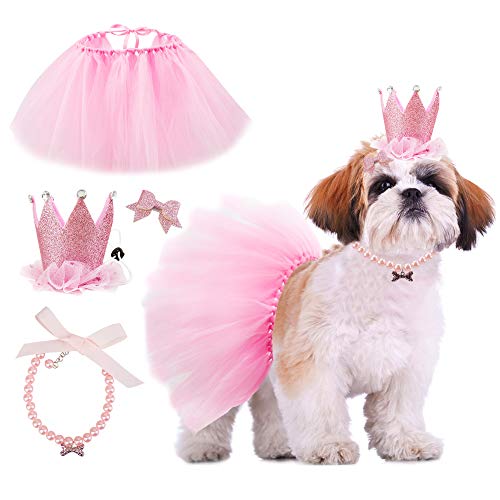 GAGILAND Hundegeburtstagsparty-Zubehör, Hunde-Geburtstags-Outfit, rosa Tutu für Hunde, Geburtstagshut, Halskette und Fliege, Haarnadel für Hunde (61-78,7 cm Handgelenk) von GAGILAND