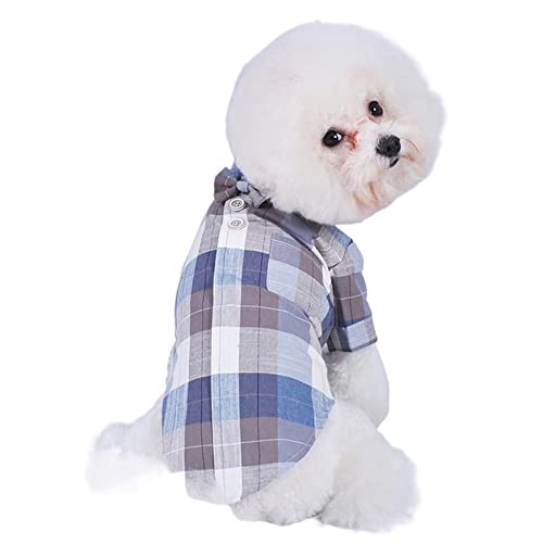 Hunde-Haustier-Hemd, Kleidung, Hemd mit Fliege, Kariertes Muster, Gentleman-Druckknopfverschluss, Welpe, dehnbares Material, leicht, für Teddy, Herbst (Color : Blau, Size : M) von GAGMXE