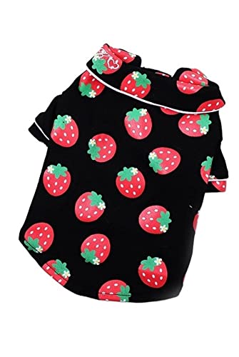 Hunde-Shirt-Kleidung, Erdbeer-Enten-Muster, Druckknopfverschluss, Halsband, Katze, Welpe, weich, kühl, leicht, für Bulldoggen-Sommer (Color : Black Strawberry, Size : XS) von GAGMXE