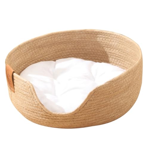 GALPADA Halboffenes Katzenbett aus Geflochtenem Rattan mit Weichem Kissen Atmungsaktiv und Langlebig Großer Raum für Sommer Jahreszeiten Geeignet für Katzen und Kleine Hunde von GALPADA