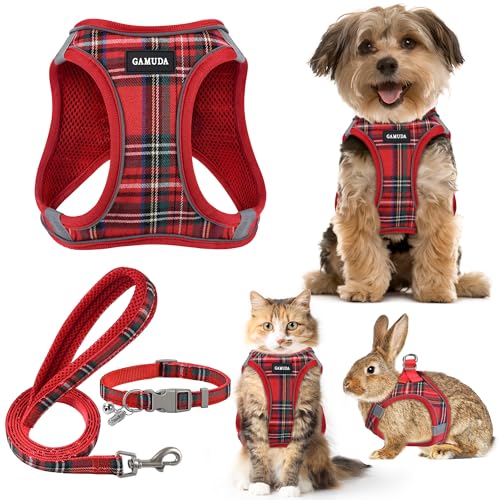 GAMUDA Hundegeschirr für kleine Hunde, Halsband und Leine, kein Ziehen, weiches Netzgewebe, verstellbar, kariert, reflektierend, für Hunde, Welpen, Katzen, Kätzchen, Kaninchen, Rot, Größe XXS von GAMUDA
