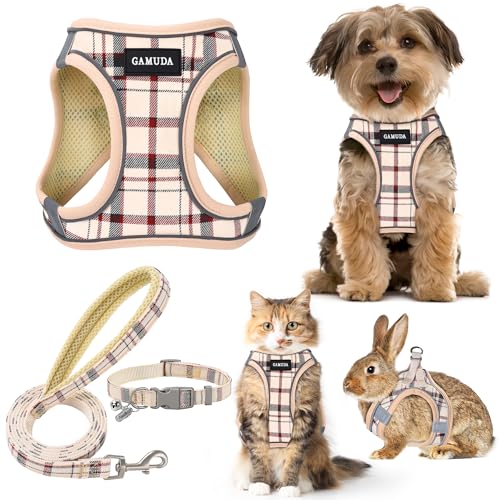 GAMUDA Hundegeschirr für kleine Hunde, Halsband und Leine, kein Ziehen, weiches Netzgewebe, verstellbar, kariert, reflektierend, für Hunde, Welpen, Katzen, Kätzchen, Kaninchen (Beige, M) von GAMUDA