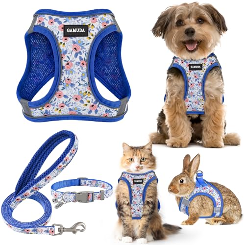 GAMUDA Kleines Haustiergeschirr-Set, Halsband und Leine, Step in No Chock No Pull Soft Mesh Adjustable Dog Vest Harnesses Plaid Reflective for Dogs Puppy and Cats Outdoor Training and Running (Blue Flower, M) von GAMUDA