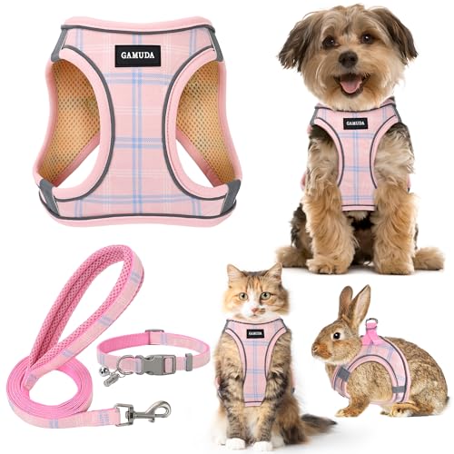 GAMUDA Kleines Haustiergeschirr-Set, Halsband und Leine, Step in No Chock No Pull Soft Mesh Verstellbare Hundeweste Geschirre Plaid Reflektierend für Hunde Welpen und Katzen Outdoor Training und Laufen (Rosa, S) von GAMUDA