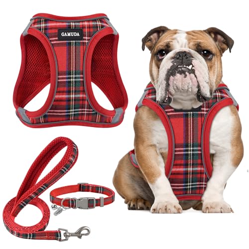 GAMUDA Kleines Haustiergeschirr-Set, Halsband und Leine, Step in No Chock No Pull Soft Mesh Verstellbare Hundeweste Geschirre Plaid Reflektierend für Hunde Welpen und Katzen Outdoor Training und Laufen (Rot, XL) von GAMUDA