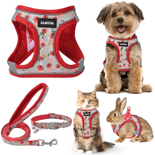 GAMUDA Hundegeschirr für kleine Haustiere, Halsband und Leine, kein Ziehen, weiches Netzgewebe, verstellbar, kariert, reflektierend, für Hunde, Welpen, Katzen, Kätzchen, Kaninchen (rote Blume, S) von GAMUDA