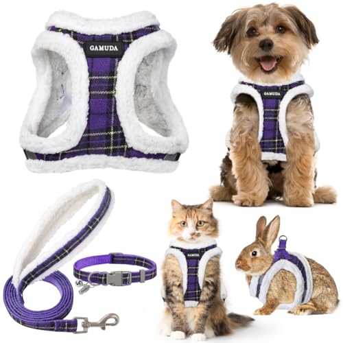 GAMUDA Set aus Halsband und Leine für kleine Haustiere, kein Einsteigen, kein Ziehen, weiches Netz, verstellbar, kariert, reflektierend, für Hunde, Welpen und Katzen, Outdoor-Training (warmes Lila, S) von GAMUDA