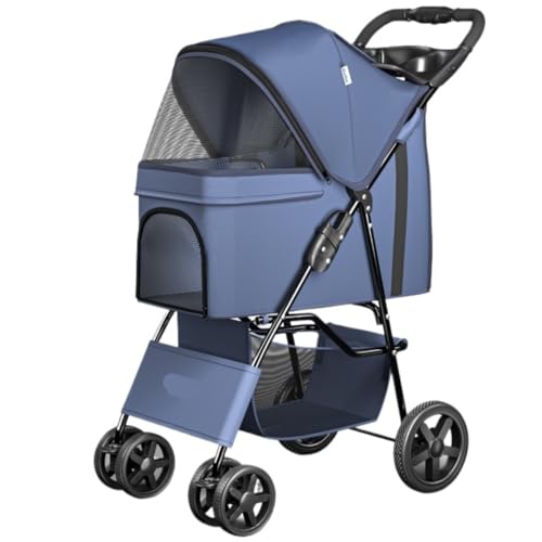 GAOJUNAN Hundewagen Hunde Kinderwagen Faltbarer Hunde-Kinderwagen Mit Rad, Faltbarer Katzen-Hunde-Kinderwagen Mit Aufbewahrungskorb Für Kleine Und Mittelgroße Hunde Hundebuggy Hunderollstuhl(Blue) von GAOJUNAN