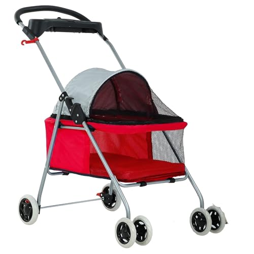 Hundewagen Hunde Kinderwagen Haustier-Kinderwagen Für Mittelgroße Und Kleine Hunde, 4 Räder, Zusammenklappbarer Tragbarer Katzen- Und Hunde-Kinderwagen Mit Getränkehaltern, Abnehmbarer Innenfutter Hun von GAOJUNAN