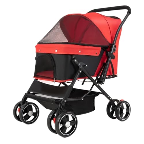 Hundewagen Hunde Kinderwagen Zusammenklappbarer Reise-Haustier-Kinderwagen, Hunde-Kinderwagen Mit Aufbewahrungskorb, Rädern Für Kleine, Mittelgroße Katzen Und Hunde Hundebuggy Hunderollstuhl(Rood) von GAOJUNAN