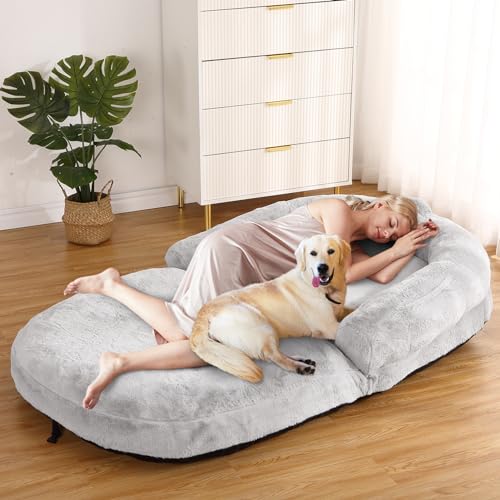 GAOMON Hundebett für Erwachsene, faltbar, für Erwachsene, 180,3 x 109,2 x 25,4 cm, riesiges Hundebett mit waschbarem Kunstfellbezug, passend für Sie und Haustiere, für Nickerchen, Hellgrau von GAOMON