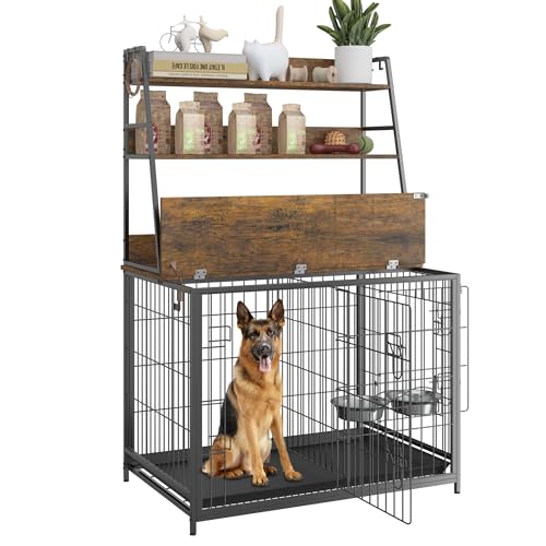 GAOMON Hundekäfig-Möbel aus Holz mit Ablagen, Hundehütte für den Innenbereich mit abnehmbarem Tablett, Doppeltüren, moderne Hundebox, Hundehaus mit zwei verstellbaren Edelstahlnäpfen, Beistelltisch GAOMON Hundekäfig-Möbel aus Holz mit Ablagen, Hundehütte für den Innenbereich mit abnehmbarem Tablett, Doppeltüren, moderne Hundebox, Hundehaus mit zwei verstellbaren Edelstahlnäpfen, Beistelltisch von GAOMON