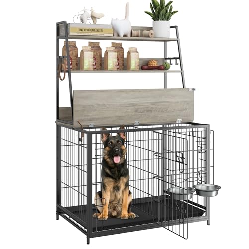 Hundekäfig-Möbel, Hundehütte mit Ablagen und abnehmbarem Tablett, Indoor-Hundehaus mit Abnehmbarer Trennwand für anpassbares Layout, für mittelgroße und große Hunde, Grau Hundekäfig-Möbel, Hundehütte mit Ablagen und abnehmbarem Tablett, Indoor-Hundehaus mit Abnehmbarer Trennwand für anpassbares Layout, für mittelgroße und große Hunde, Grau von GAOMON