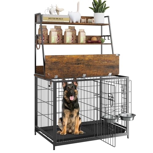 Hundekäfig-Möbel, Hundehütte mit Ablagen und herausnehmbarem Tablett, Indoor-Hundehaus mit Abnehmbarer Trennwand für anpassbares Layout, für mittelgroße und große Hunde, Braun Hundekäfig-Möbel, Hundehütte mit Ablagen und herausnehmbarem Tablett, Indoor-Hundehaus mit Abnehmbarer Trennwand für anpassbares Layout, für mittelgroße und große Hunde, Braun von GAOMON