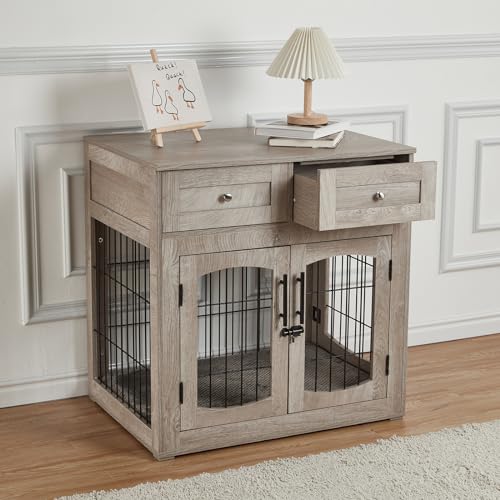 Hundekäfig-Möbel mit Kissen, Hundehütten aus Holz für den Innenbereich mit 2 Schubladen, Hundemöbel-Endtisch mit Stauraum von GAOMON