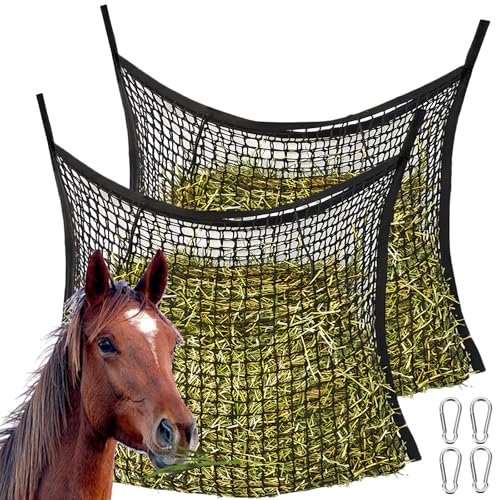 2 Pcs Heunetz für Pferde: 60 x 90cm Farming Heunetz, Heutasche, Pferdeheunetz mit 4 Karabinerhaken, Futternetz für 8kg Heu, Heunetz Mesh, Heusack Fütterungszeit kann Verlängert Werden für Pferde von GAOUTO