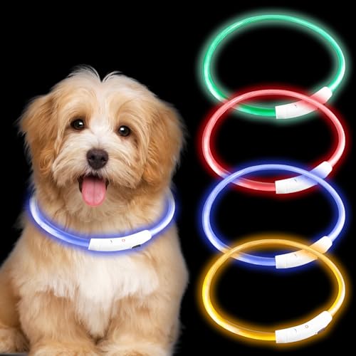 4 Stücke Leuchthalsband Hund, USB Aufladbar Wasserdicht Leuchtend Hundehalsband, Längenverstellbareres Zuschneidbares LED Hundehalsband mit 3 Beleuchtungsmodi für Hunde und Katzen(4 Farben) von GAOUTO