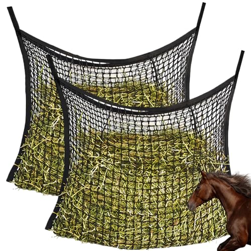 GAOUTO 2 Pcs Heunetz Heusack für Pferde, 80 x 90cm Heutasche groß, Heunetz Mesh, Pferdeheunetz mit 4 Karabinerhaken, Futternetz für 8kg Heu, Farming Heunetz, Heusack Heunetztasche für Pferde von GAOUTO