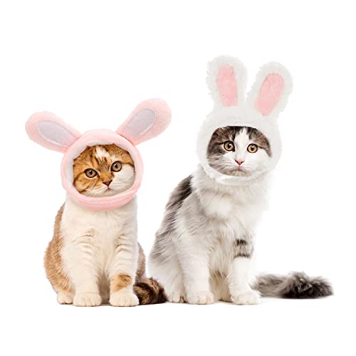 GAPZER Katzenhasenhut mit Ohren, Osterkostüm, Kaninchenhut, verstellbare Kopfbedeckung für Katzen, Kätzchen, Welpen (2 Stück, rosa + weiß) von GAPZER