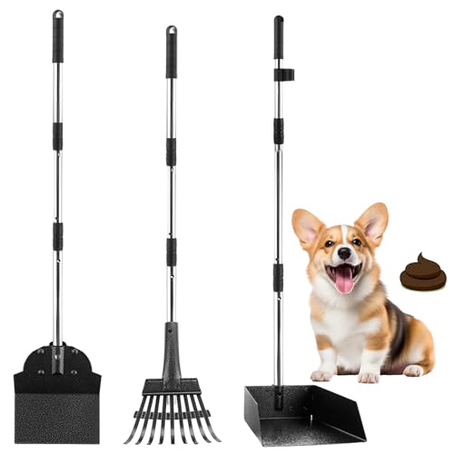 GBACHOOSE 3 Stück Hundekotschaufel, Hundekotsammler Langer Griff, Dog Pooper Scooper und Harke Metall Rechen Kehrschaufel, Hundekot Scooper für Garten von GBACHOOSE