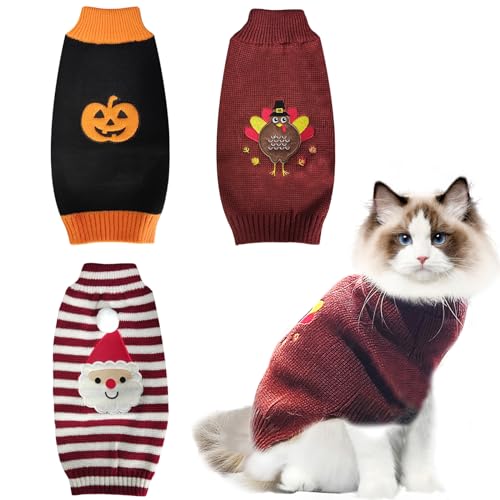 3-teiliges Haustier-Pullover, für Hunde, Halloween, Erntedankfest, Weihnachtskostüm, Hunde-Pullover-Sets mit Kürbis, Truthahn, Weihnachtsmann für kleine, mittelgroße und große Hunde, Welpen, Katzen, von GCVOPTON