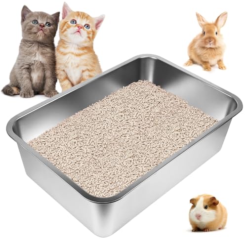 Katzentoilette aus Edelstahl, 50 x 35 x 15 cm, große Metall-Katzentoilette für große und kleine Kätzchen, leicht zu reinigen, antihaftbeschichtet, glatte Oberfläche (mittel) von GCVOPTON