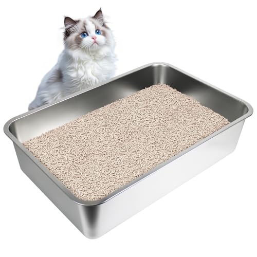 Katzentoilette aus Edelstahl, 59,9 x 40 x 15 cm, extra großes hochseitiges Design für keine Unordnung und einfache Reinigung, für den Innenbereich für große Katzen und Haushalte mit mehreren Katzen von GCVOPTON