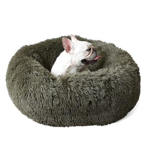 Hundebett für kleine Hunde, waschbar, orthopädisch, beruhigend, Donut, flauschig, 58,4 cm, Olivgrün von GDBAE