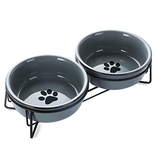 GDCZ Porzellan-Futternäpfe für kleine Katzen, mit erhöhtem Metallständer für Tierfutter und Wasserschalen, 425 ml (grau) von GDCZ