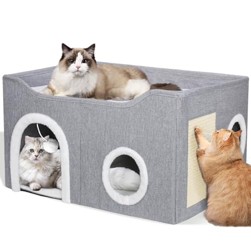 Katzenbett für Hauskatzen, faltbares Katzenhaus mit Würfel, großes weiches Katzenhöhlenbett mit Kratzbrett, überdachter Katzenversteck für Katze und kleinen Hund, 33.53 x 60.45 x 40.39 cm, grau Katzenbett für Hauskatzen, faltbares Katzenhaus mit Würfel, großes weiches Katzenhöhlenbett mit Kratzbrett, überdachter Katzenversteck für Katze und kleinen Hund, 33.53 x 60.45 x 40.39 cm, grau von GDGZT