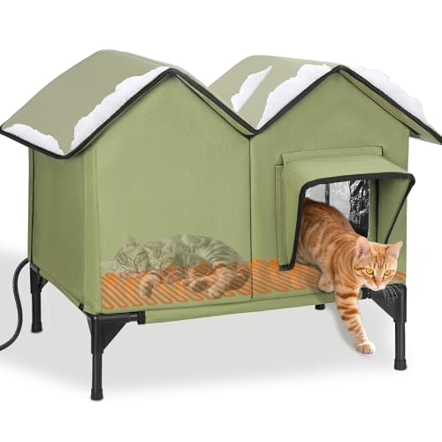 Großes Beheiztes Katzenhaus Outdoor Winterfest Isoliert, weich und warm Katzenhöhle für draußen mit Fluchttüren und Heizungspolster, robuster Katzenhütte Outdoor für mehrere Katzen und Hunde, Grün von GDGZT