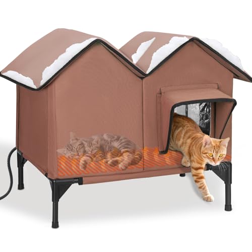 Großes Beheiztes Katzenhaus Outdoor Winterfest Isoliert, weich und warm Katzenhöhle für draußen mit Fluchttüren und Heizungspolster, robuster Katzenhütte Outdoor für mehrere Katzen und Hunde, Braun von GDGZT