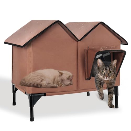 Katzenhaus im Freien, Große wasserdichte isolierte Katzenkennel mit erhöhter Basis, Winterhaus für Indoor-Katzen und kleine Hunde im Freien, Wilde Katzenschutz für mehrere Katzen, Braun von GDGZT