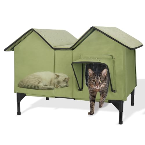 Katzenhaus im Freien, Extra Große wasserdichte isolierte Katzenkennel mit erhöhter Basis, Winterhaus für Indoor-Katzen und kleine Hunde im Freien, Wilde Katzenschutz für mehrere Katzen, Grün von GDGZT