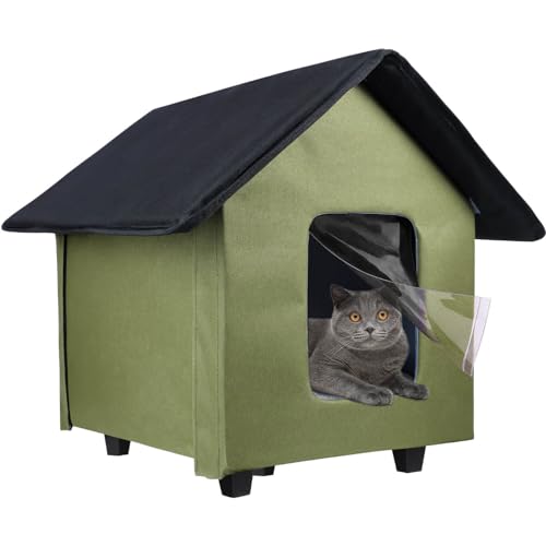 Wasserdichtes Katzenhaus Mit Erhöhtem Sockel und Abnehmbarem Kissen - Faltbares Outdoor-Winterhaus für Freigängerkatzen, Verwilderte Katzen und Kleine Hunde (Grün) von GDGZT
