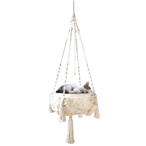 Katzen Hängematte, Hängen Katzenbett, Makramee Katzenschaukel für Drinnen, Handgewebtes Katzennest, Heimtier Hängekorb Schaukelnetz, Katzenschaukelbett, Boho Fransenhängematte Haustierschaukel (35cm) von GDWD