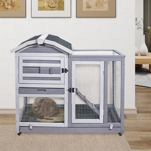 GEGURI Kaninchenstall Indoor Outdoor, Hasenkäfige Holz Haustierhaus für Meerschweinchen mit Rädern, Abnehmbares Tablett, Rampe GEGURI Kaninchenstall Indoor Outdoor, Hasenkäfige Holz Haustierhaus für Meerschweinchen mit Rädern, Abnehmbares Tablett, Rampe von GEGURI