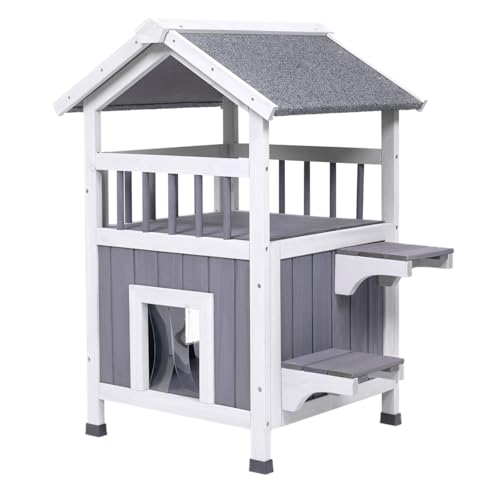 GEGURI Katzenhaus Outdoor Wetterfest Holz Zweistöckige Wildkatzenhaus mit Fluchttür Balkon von GEGURI