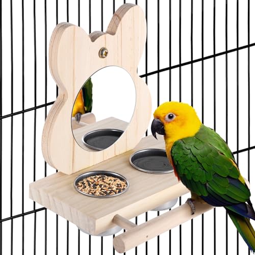 Papageien-Vogelsitzstange mit Spiegel und Futterbechern, Holzpapageienspiegel-Spielzeug für Vogelkäfig, Vogelfutter, Wasser-Futterstation für Wellensittiche, Sittiche, Lovebird, afrikanische Grau-Ara, von GEKMOR