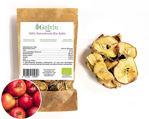 GELVIU Getrocknete Äpfelringe ohne Zucker Bio - Apfelscheiben 100% Natural Harte Bio-Äpfel für Kompott - bei Verstopfung, bessere Verdauung, Konservierungsmittelfrei, Ungeschwefelt (500g) von GELVIU