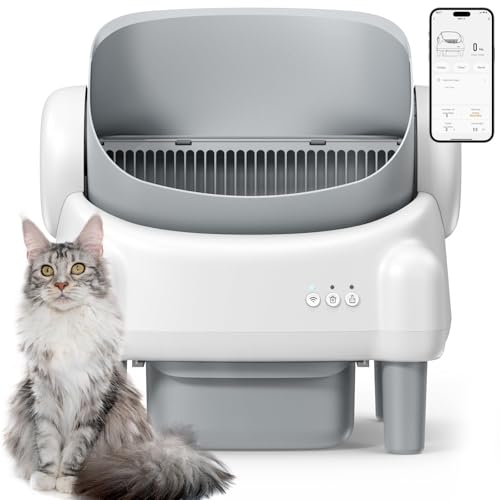 Open Top Selbstreinigende Katzentoilette, Automatische Katzentoilette für mehrere Katzen mit APP-Steuerung, Sicherheitssensor & 2 Rollen Katzentoilette, Weiß & Grau von GESEILAY