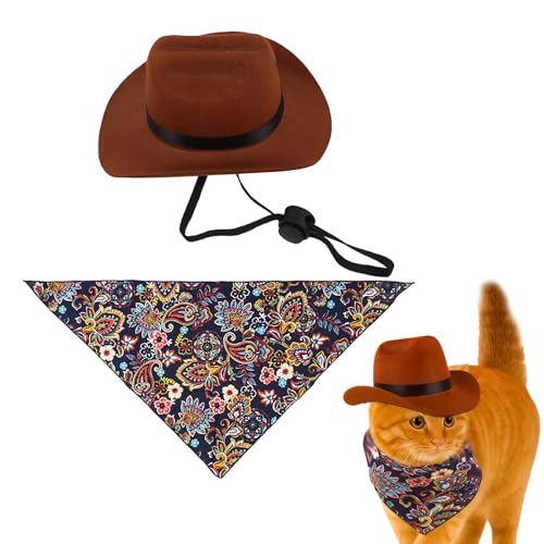 Katzenhut, Mini-Cowboyhut für Katzen mit Lätzchen, Western-Stil, Haustierkostüm-Zubehör für Halloween-Partys, Weihnachten, Haustiergeburtstage, Fotoshootings (Braun-Marineblau) von GETJOY