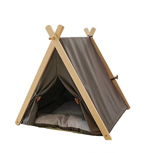 Four Seasons Haustierbett, abnehmbar und waschbar, Beige gestreift, Leinen, Massivholz, Zelt, Katzennest, Hundebett (Chunhuise, 60 x 55 x 63 cm) von GFHSUIEUUUUBF