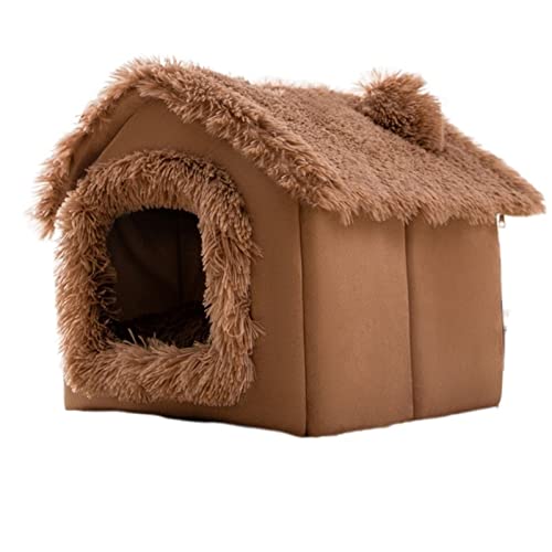Haustierbetten, Hundehütte, weiches Haustierbett, kleines Katzenzelt, geschlossen, warmer Plüsch-Schlafnest, Korb mit abnehmbarem Kissen, Haustierbedarf (Farbe: Braun, Größe: Medium) (Braun, Größe M) von GFHSUIEUUUUBF