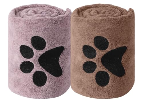 GFUEIGJ 2 Stück Haustier Badetuch Hundehandtuch Extra Saugfähig 75x35 cm Hunde Handtuch Handtücher Schnelltrocknend Haustier für Katzen, Hunde Oder Andere Haustiere（Lila und Braun） von GFUEIGJ