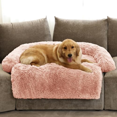 GGIB Beruhigendes Hundebett, flauschige Plüsch-Hundematte für Möbelschutz, mit abnehmbarem, waschbarem Bezug, für große, mittelgroße und kleine Hunde und Katzen (XL (53 x 39,3 x 6), Rosa) von GGIB
