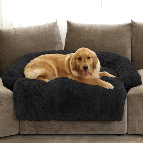 GGIB Beruhigendes Hundebett, flauschige Plüsch-Hundematte für Möbelschutz, mit abnehmbarem, waschbarem Bezug, für große, mittelgroße und kleine Hunde und Katzen (XL (53 x 39,3 x 6 cm), Schwarz) von GGIB