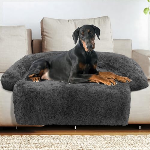 GGIB Beruhigendes Hundebett, flauschige Plüsch-Hundematte für Möbelschutz, mit abnehmbarem, waschbarem Bezug für große, mittelgroße kleine Hunde und Katzen (XL, Dunkelgrau) von GGIB