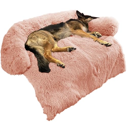 GGIB Beruhigendes Hundebett, flauschige Plüsch-Hundematte für Möbelschutz, mit abnehmbarem, waschbarem Bezug für große, mittelgroße kleine Hunde und Katzen (groß, Rosa) von GGIB